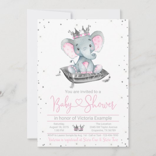 Girl Elephant Princess Baby shower Invitation Kaart (Voorkant)