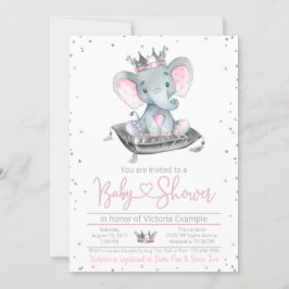 Girl Elephant Princess Baby shower Invitation Kaart