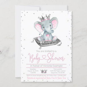 Girl Elephant Princess Baby shower Invitation Kaart