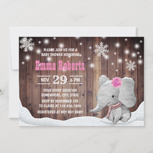 Girl Elephant Snowflaes Rustic Winter Baby shower Kaart (Voorkant)