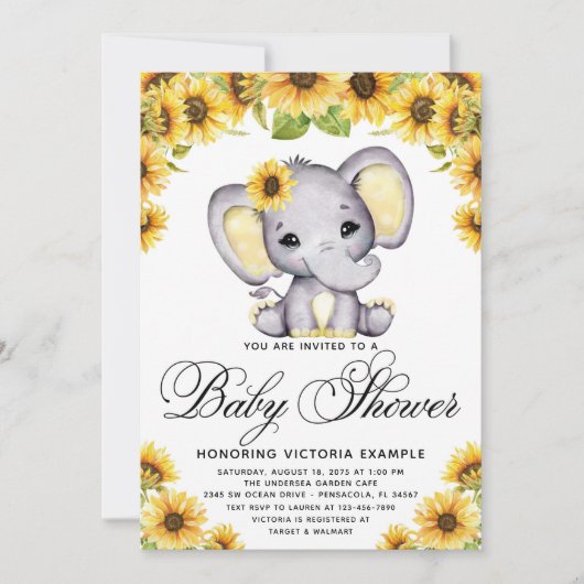 Girl Elephant Sunflower Baby shower Invitation Kaart (Voorkant)