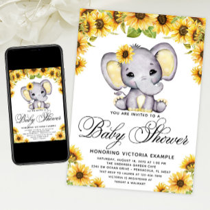 Girl Elephant Sunflower Baby shower Invitation Kaart
