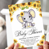 Girl Elephant Sunflower Baby shower Invitation Kaart