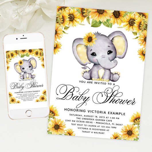Girl Elephant Sunflower Baby shower Invitation Kaart