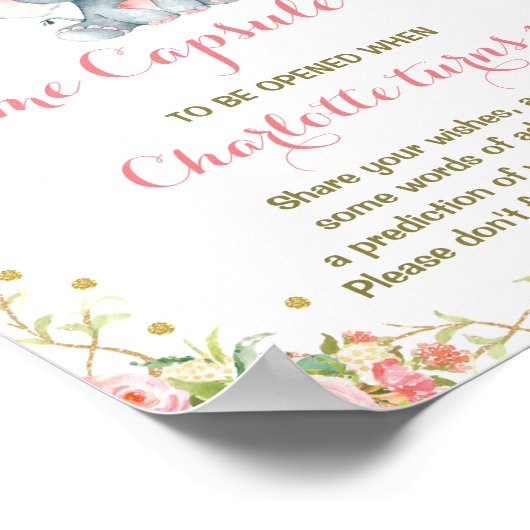 Girl Elephant Time Capsule First Birthday Sign Poster (Hoek)