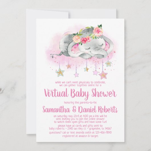Girl Elephant Virtual Baby shower Invitation Kaart (Voorkant)