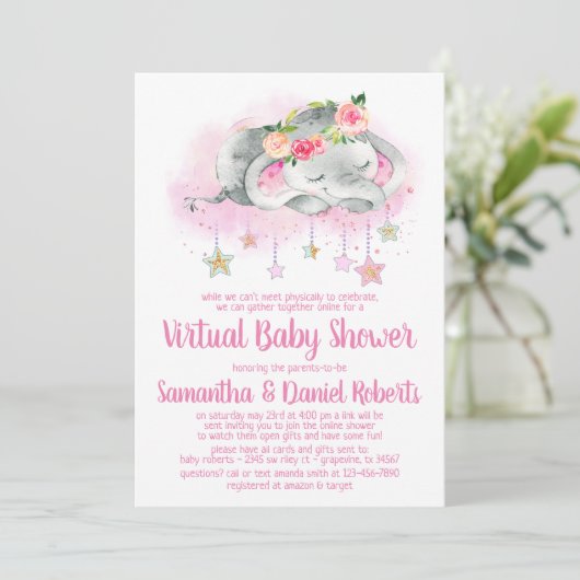 Girl Elephant Virtual Baby shower Invitation Kaart (Staand voorkant)
