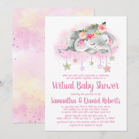 Girl Elephant Virtual Baby shower Invitation Kaart (Voorkant / Achterkant)