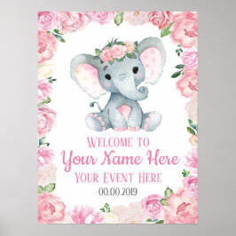 Girl Elephant Welcome Sign Baby Floral Poster