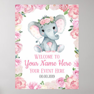 Girl Elephant Welcome Sign Baby Floral Poster