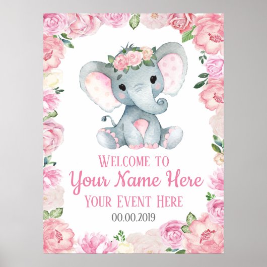 Girl Elephant Welcome Sign Baby Floral Poster (Voorkant)