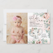 Girl Elephant Wild One Blush Floral Birthday Foto Kaart (Voorkant)