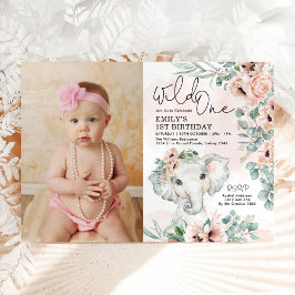 Girl Elephant Wild One Blush Floral Birthday Foto Kaart