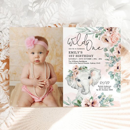 Girl Elephant Wild One Blush Floral Birthday Foto Kaart