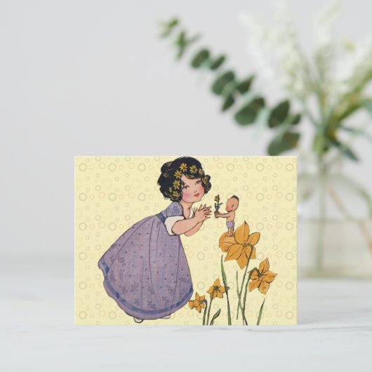 Girl Elf Fairy Daffodil Antiek Pasen Briefkaart (Staand voorkant)