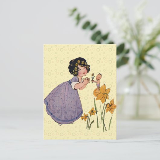 Girl Elf Fairy Daffodil Antiek Pasen Briefkaart (Staand voorkant)