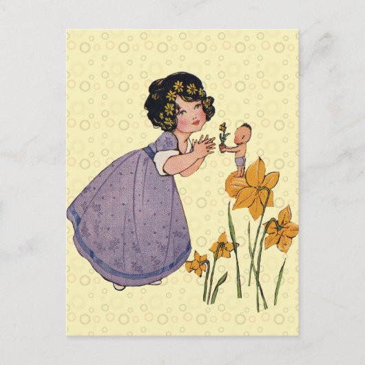 Girl Elf Fairy Daffodil Antiek Pasen Briefkaart (Voorkant)