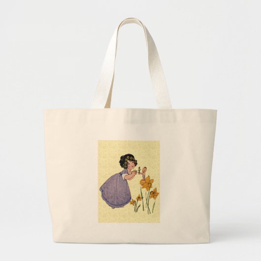Girl Elf Fairy Daffodil Antiek Pasen Grote Tote Bag (Voorkant)