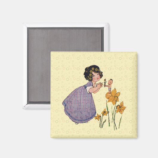 Girl Elf Fairy Daffodil Antiek Pasen Magneet (Voorkant / Achterkant)