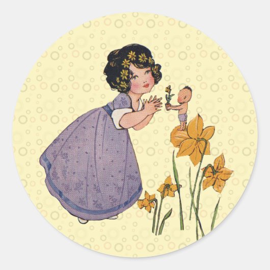 Girl Elf Fairy Daffodil Antiek Pasen Ronde Sticker (Voorkant)