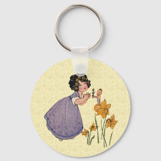 Girl Elf Fairy Daffodil Antiek Pasen Sleutelhanger (Voorkant)