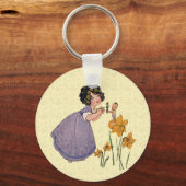 Girl Elf Fairy Daffodil Antiek Pasen Sleutelhanger (Voorkant)