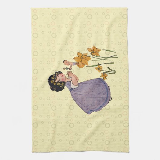 Girl Elf Fairy Daffodil Antiek Pasen Theedoek (Verticaal)