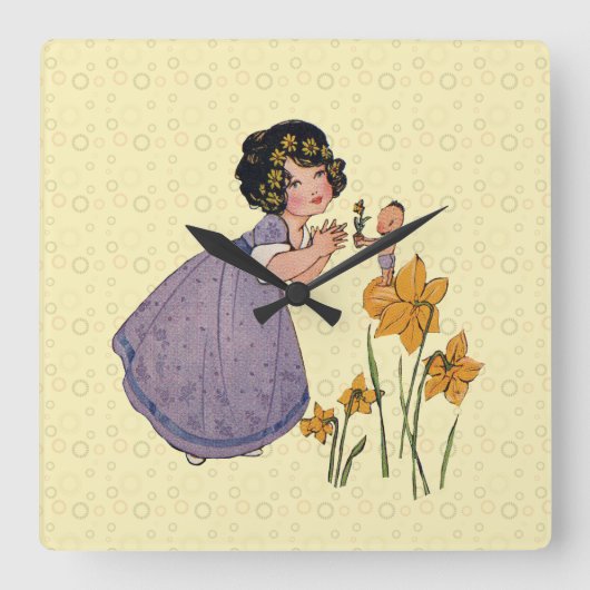 Girl Elf Fairy Daffodil Antiek Pasen Vierkante Klok (Voorkant)