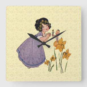 Girl Elf Fairy Daffodil Antiek Pasen Vierkante Klok