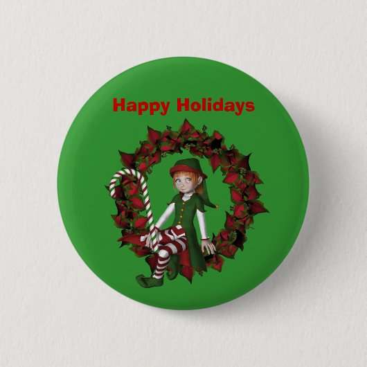 Girl Elf On Wreath Christmas Holiday Button Pin (Voorkant)