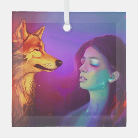 Girl en haar Wolf AI Generated Fantasy Pop Art Glas Ornament (Voorkant)