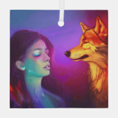 Girl en haar Wolf AI Generated Fantasy Pop Art Glas Ornament (Achterkant)