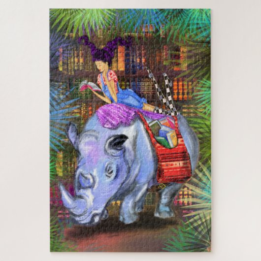 Girl en Rhino - Bibliotheek in Oerwoud - Fantasy Legpuzzel (Verticaal)