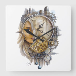 Girl Face Cogwheels Iron Ball Hall Decor Vierkante Klok
