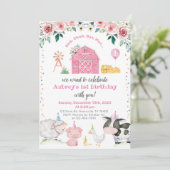 Girl Farm Animals Barnyard Birthday Invitation Kaart (Staand voorkant)