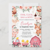 Girl Farm Animals Pink Barnyard Birthday Invitatio Kaart (Voorkant)