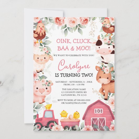 Girl Farm Animals Pink Barnyard Birthday Invitatio Kaart (Voorkant)