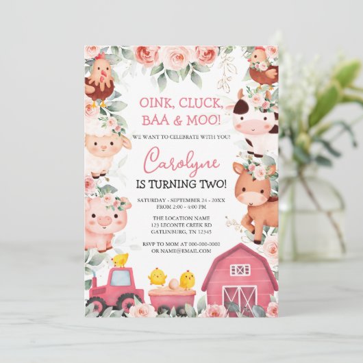 Girl Farm Animals Pink Barnyard Birthday Invitatio Kaart (Staand voorkant)