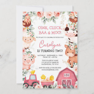 Girl Farm Animals Pink Barnyard Birthday Invitatio Kaart