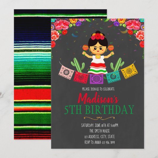 Girl fiesta verjaardagsuitnodiging kaart (Voorkant / Achterkant)