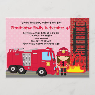 Girl Firefighter Birthday Invitation Fireman Truck Kaart