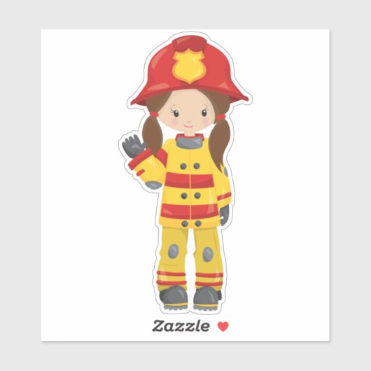 Girl Fireman, Vrouw brandweerman, Brown Hair Sticker (Vel)