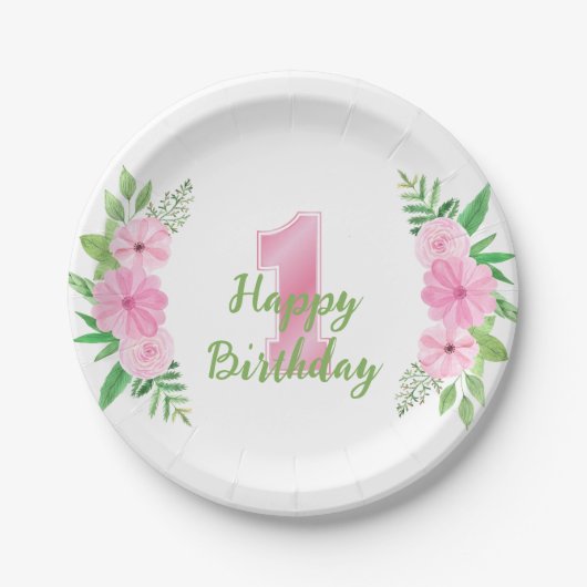 Girl First Birthday Bord Pink Green Floral (Voorkant)