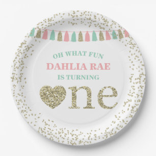 Girl First Birthday Borden Pink Mint Gold Papieren Bordje
