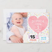 Girl First Birthday Confetti Heart ballonfoto Kaart (Voorkant)