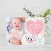 Girl First Birthday Confetti Heart ballonfoto Kaart (Staand voorkant)