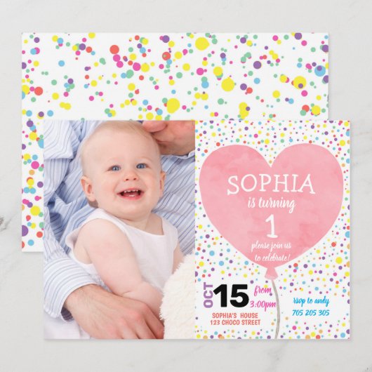 Girl First Birthday Confetti Heart ballonfoto Kaart (Voorkant / Achterkant)