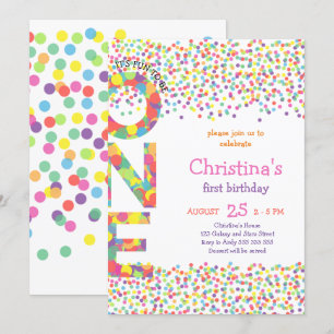 Girl First Birthday Confetti Rainbow Colorful Cute Kaart