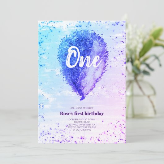 Girl First Birthday Glitter Ombre Balloon Kaart (Staand voorkant)