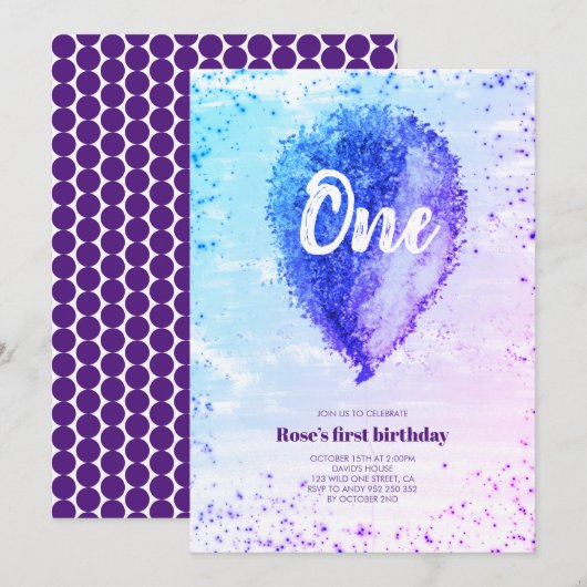 Girl First Birthday Glitter Ombre Balloon Kaart (Voorkant / Achterkant)